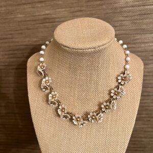 Vintage plastic flower cluster and white bead necklace adjustable length